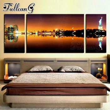 

FULLCANG full drill large 5d diamond painting triptych night city diy square/round mazayka embroidery landscape & house FC1353