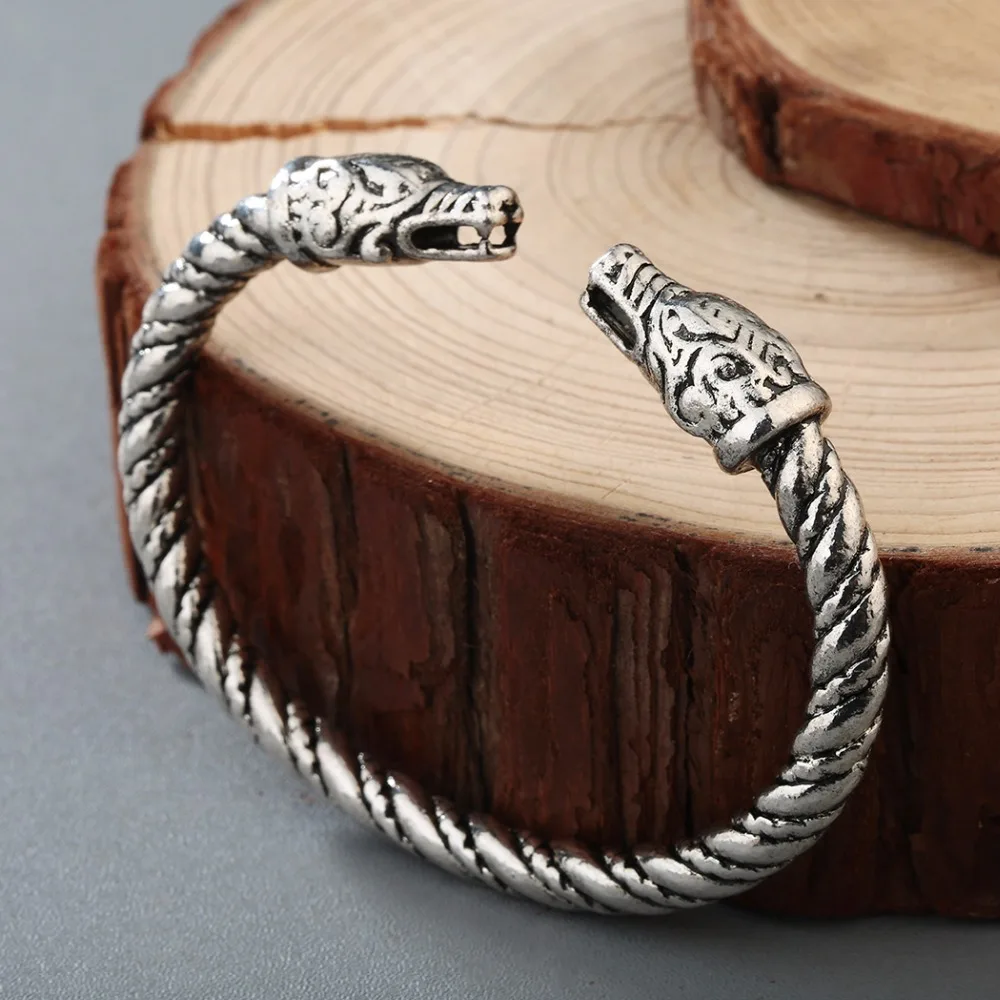 QIMING Dragon браслет, браслет Викинг Фенрир, языческий браслет, мужские ювелирные изделия, славянская голова волка, браслеты-манжеты для женщин, браслеты из серебра