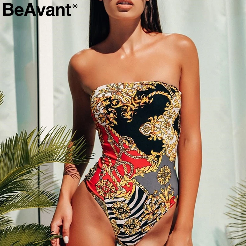 

BeAvant One piece strapless sexy swimsuit women High cut padded beach wear swimmer Ethnic print summer swimsuit female bikini