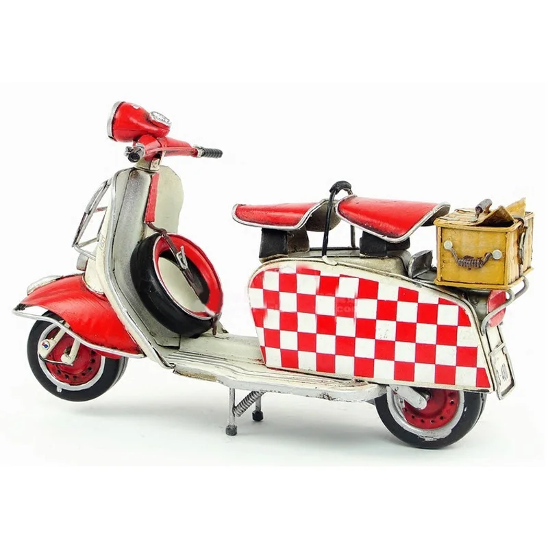 Vespa мини металлический мотоцикл модель ручной работы Красная клетка винтажная