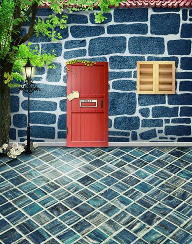 

Blue Wooden Floor Green Tree Photography Backdrops Photo Props Studio Background 5x7ft