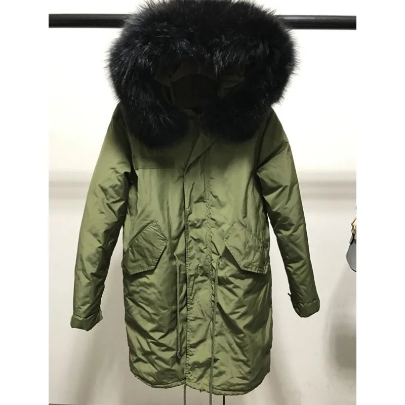 Модный зимний женский пуховик, зимняя куртка для женщин, 90% белый утиный пух, пальто, большой натуральный мех енота, с капюшоном, Женская парка - Цвет: Army green - black