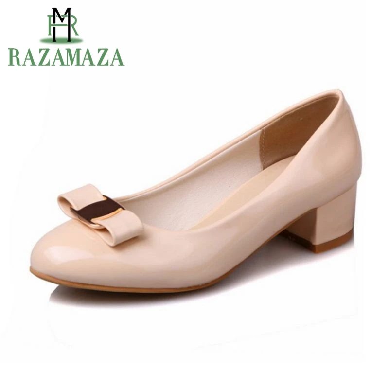 

RAZAMAZA Size 33-43 Women High Heel Shoes Women Bownot Round Toe Patent Leather Thick Heel Pumps Party Wedding Ol Women Footwear