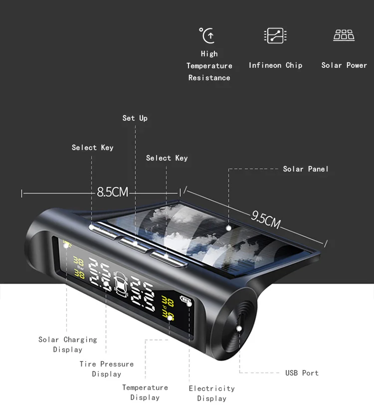 Высококачественная автомобильная система контроля давления в шинах TPMS, внешний датчик, Автоматическая сигнализация, Беспроводная зарядка через usb, Tmps