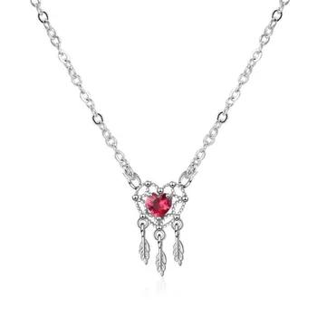 

Beautiful New Fashion Sweet Red Love 925 Sterling Silver Jewelry Sweet Peach Feather Hollow Crystal Heart Shaped Necklaces H401