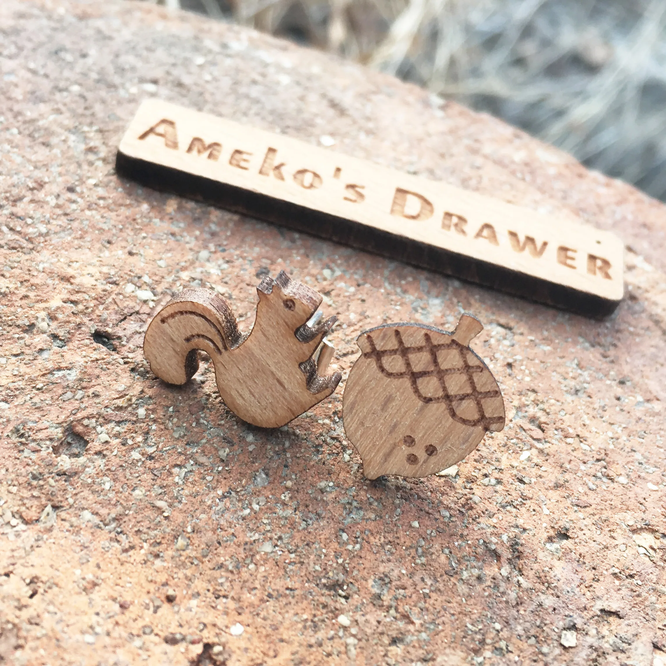 

Squirrel and Pine Nut Studs Small Handmade Wooden Earrings X 1 Pair
