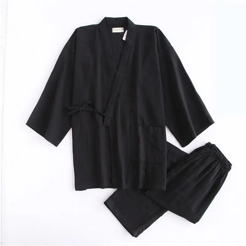 

Japanese Style Men Sleepwear Home Wear Casual Solid Kimono Pajamas Pyjamas Suit 2018 Male Loose Cotton Sleep Set 2PCS Nightwear