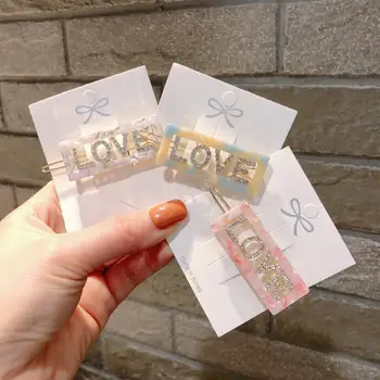 

Womens Colored Acrylic Rectangle Frog Bobby Pin Glitter Rhinestone Hollow Love Alphabet Hair Clip Side Bangs Decorative Barrette