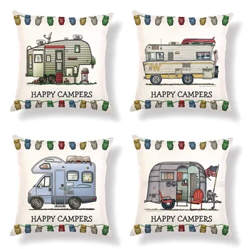 

45cm*45cm Retro Touring Car Caravan Design Linen/cotton Throw Pillow Covers Cartoon Car Home Decorative Cushion Cover