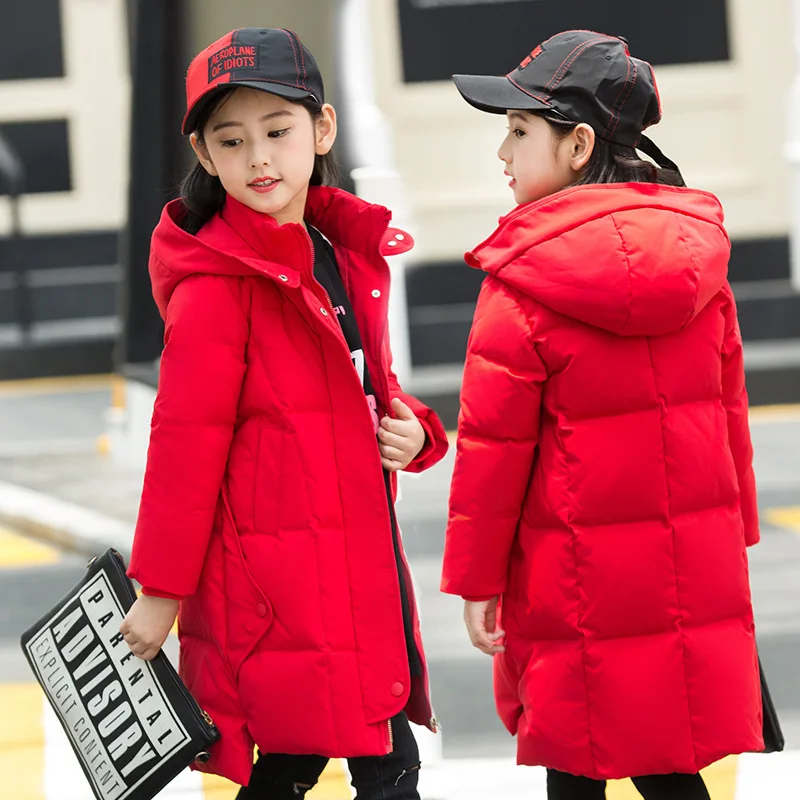 

Winter New Girls' Down Jacket Korean Long Thickened Children's Down Jacket Baby Kids Solid Loose Keep Warm Pockets Solid Coats
