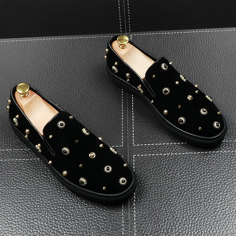 

men's casual breathable wedding night club wear cow suede leather shoes flat platform rivet shoe hip hop personality man loafer