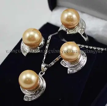 

Golden South sea Shell Pearl Earrings Ring & Necklace Pendant Set >free shipping