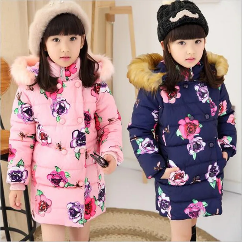 2016 Girl Winter Warm Print Flower Coat Girl Long Sleeve Fur Hooded Fashion Long Down Clothes