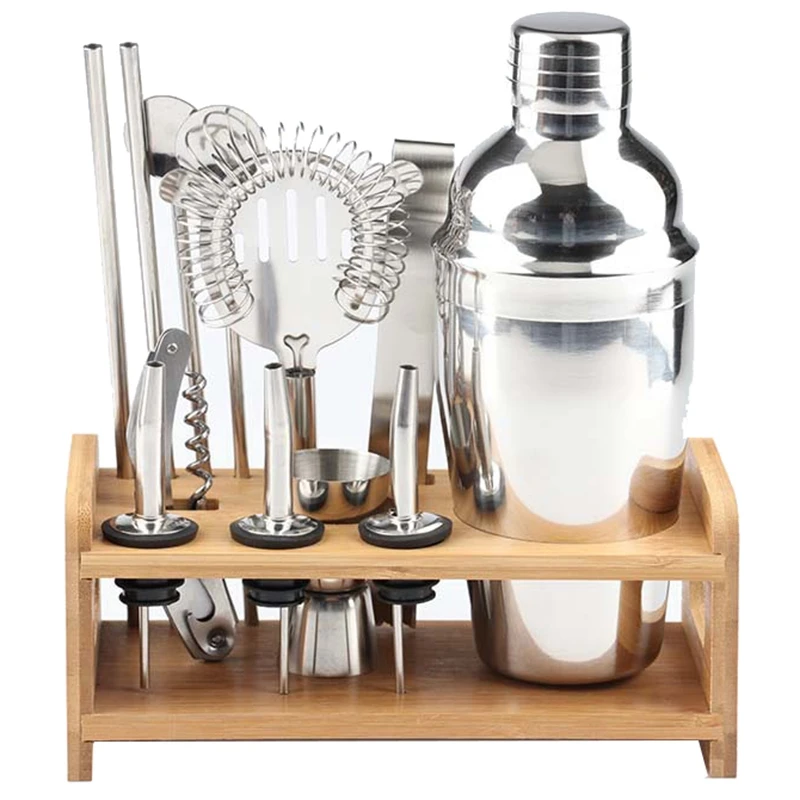 750Ml Stainless Bar Cocktail Shaker Set Barware Set Shaker Set with Bamboo Stand Bar Tool Set Bartender Kit Shakers