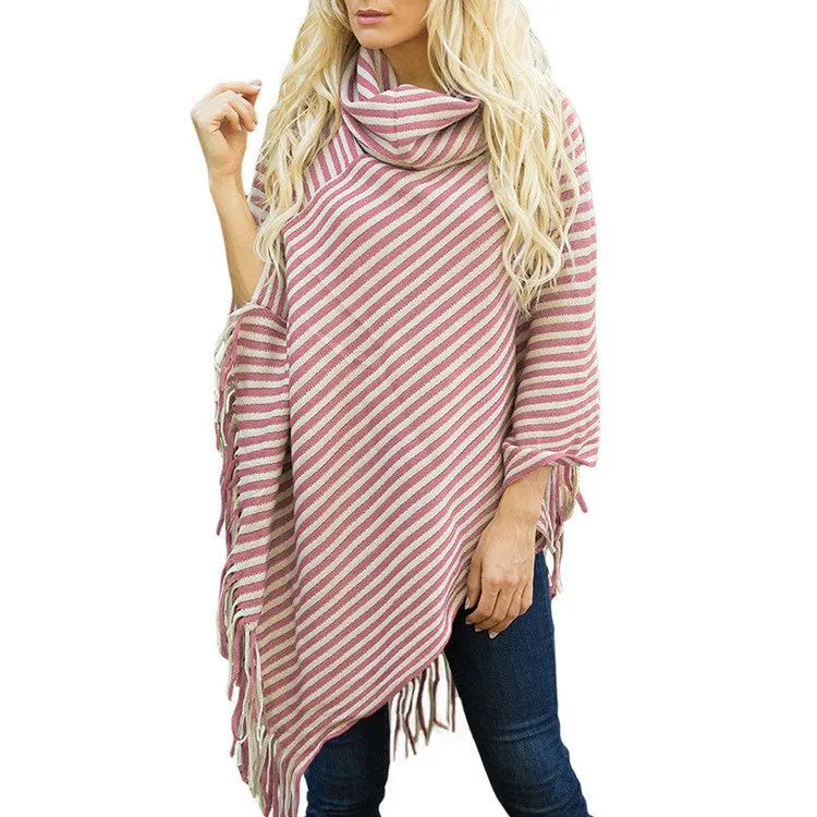 Полосатый шарф Теплый Пончо с бахромой Высокий воротник пашмины для Для женщин шарфы Топ зимняя шаль Накидки - Color: Pink