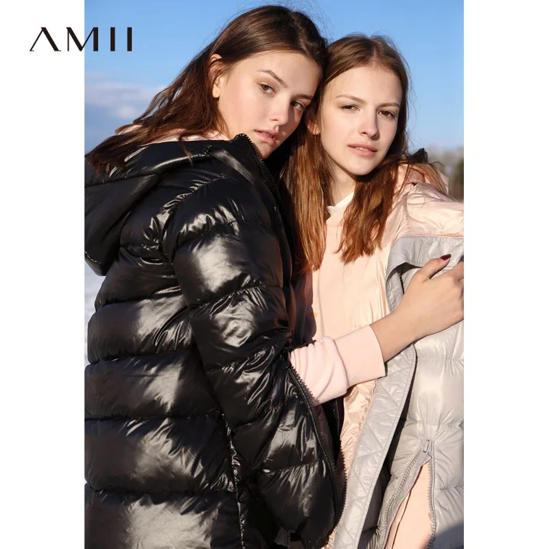 

`Amii minimalist port wind chic hooded down jacket 2018 winter new cuffs zipper 90 velvet down coat