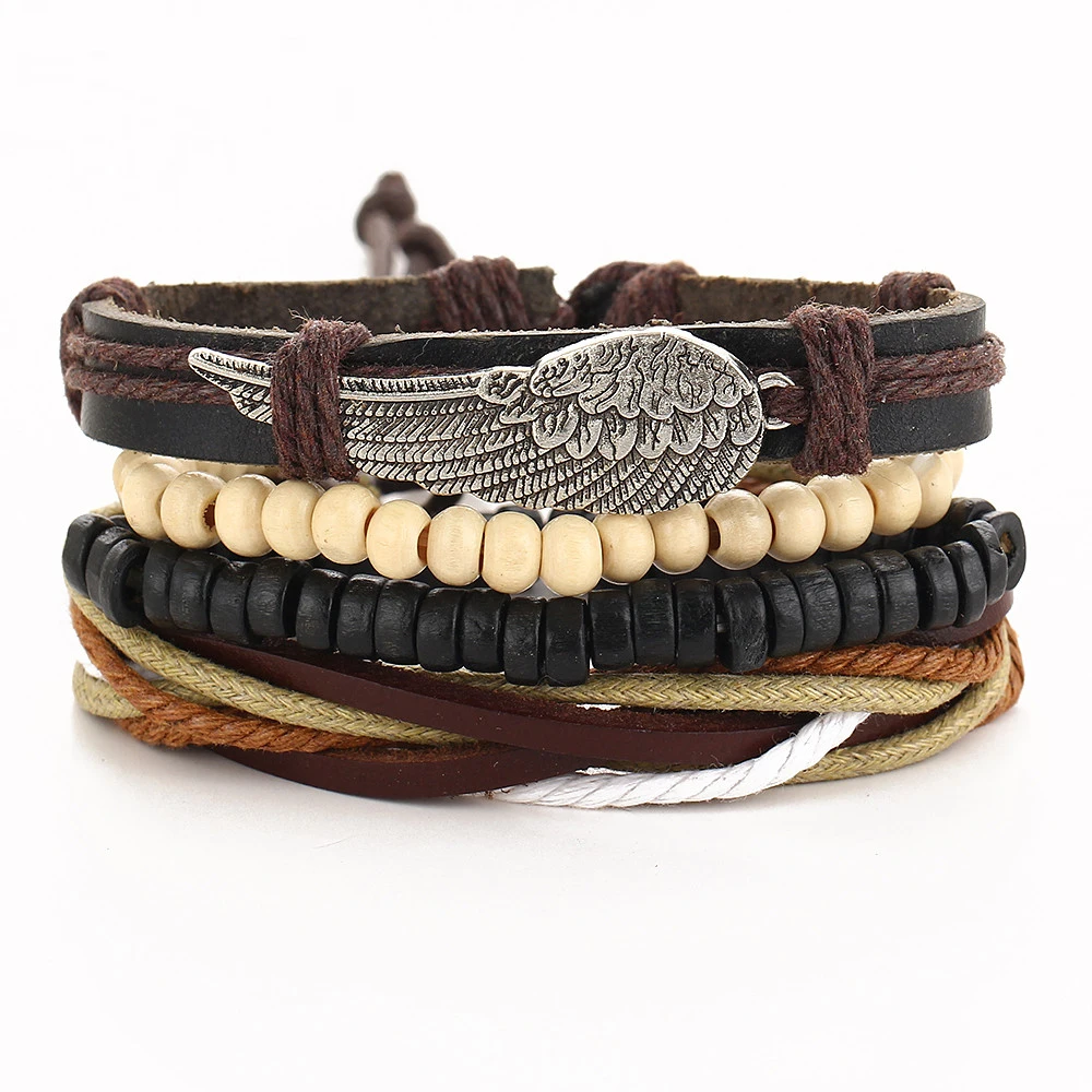 4 шт. многослойные кожаные браслеты с деревянными бусинами|jewelry beaded bracelets|jewelry