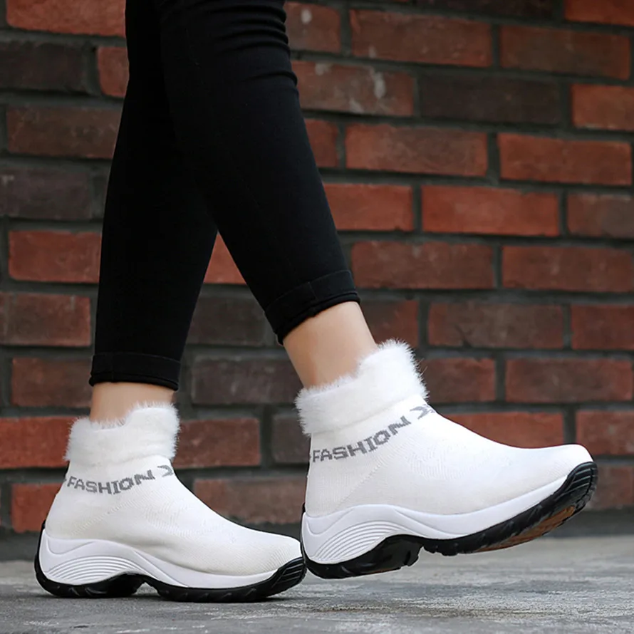 2019Winter Women Sneakers Fashion Platform Wedges Shoes Woman Slip-on Snow Boots Ladies Warm Fur Sock Boots Shoes Big Size 41 42