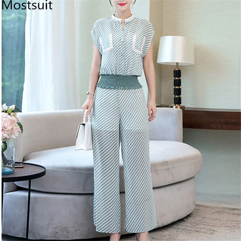 

Summer Chiffon Two Piece Sets Outfits Women Plus Size Blouses And Splitting Pants Suits Elegant Office Korean 2 Piece Sets Green