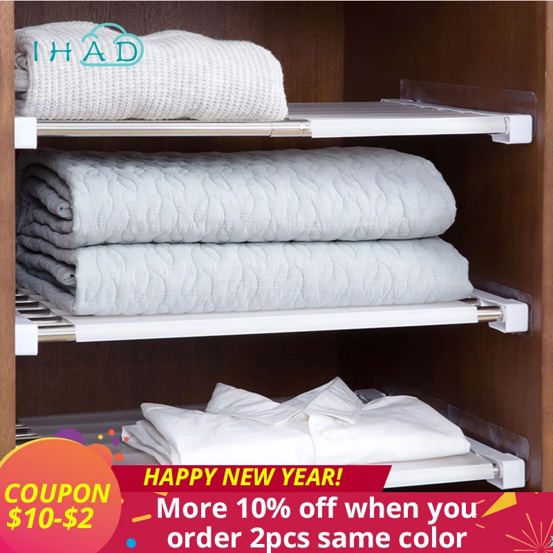 

Wardrobe Retractable Storage Rack Cabinets Layered partition storage Frame Kitchen bedroom paste type telescopic organizer Shelf