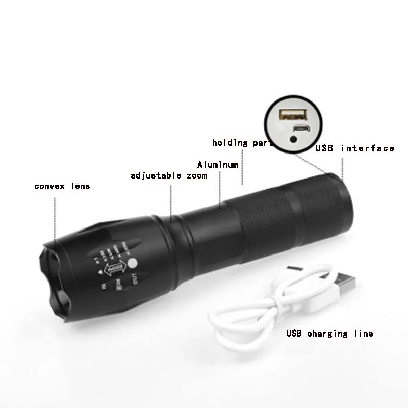 

LED Rechargeable Flashlight T6 linterna torch 4000 lumen USB charging interface Outdoor Camping Powerful Zoomable portable light