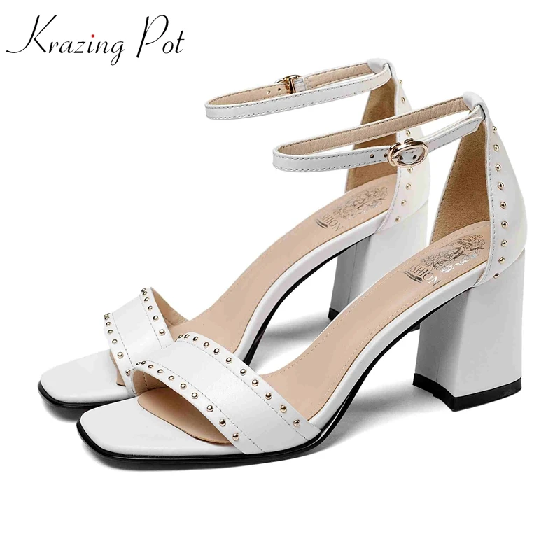 

krazing pot genuine leather sandals rivets fasteners princess style high heel peep toe recommend solid color summer shoes L91