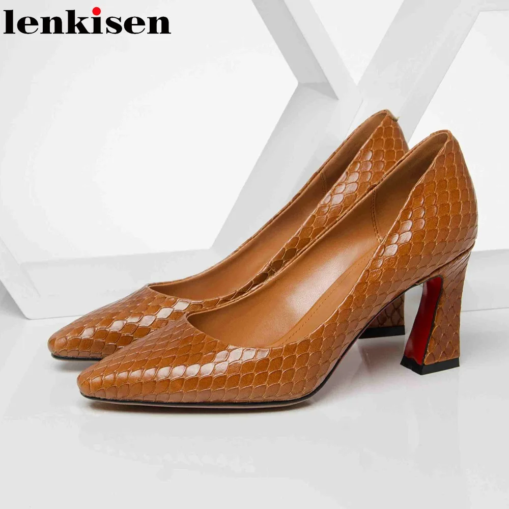 

Lenkisen cow leather pointed toe thick high heel slip on office lady sweet young girl dancer patterns leather wedding pumps L18