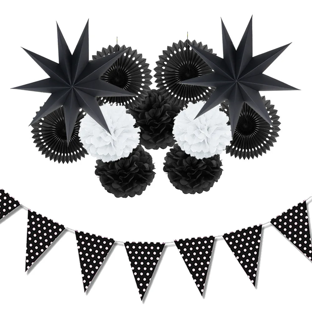 

12pcs/set Black White Paper Party Decorations Fans Stars Birthday Party Wedding Baby Showers Garden Space Home Decor