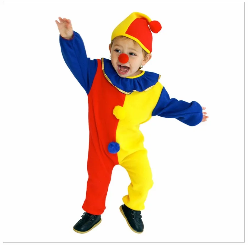 Детский костюм клоуна для мальчиков на Хэллоуин, Детский костюм клоуна для косплея, детский сад, комбинезоны+ шляпа+ нос, для выступлений, дня рождения
