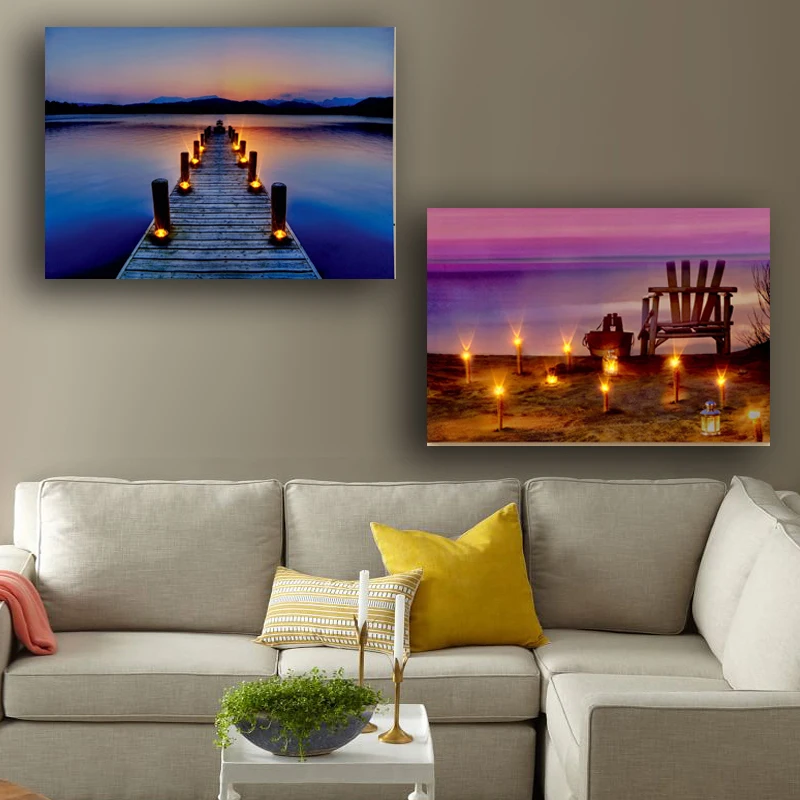 

Lake and Beach Scene Flicking LED Wall Picture with Candles canvas painting with led light for home decorative