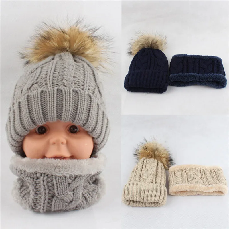 

Winter Warm Set For Baby Toddler Knitted Beanie Hair Ball Kids Girls Boys Hat Cap+Scarf