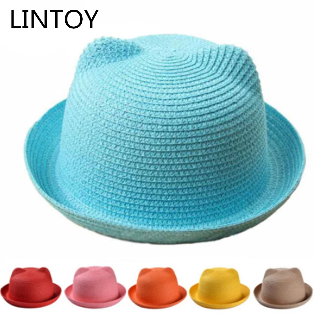 Модные соломенные шляпы, детские украшения для ушей, летняя шапка, детская Солнцезащитная шапка для девочек и мальчиков, однотонная Кепка с