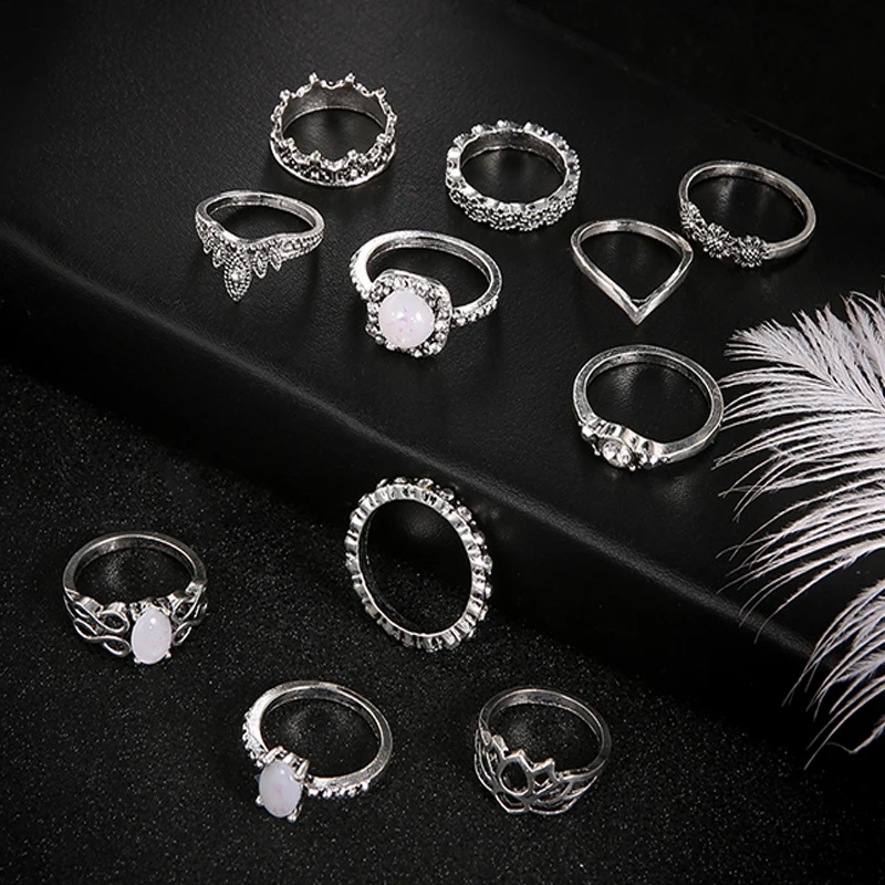 11 Pcs/set Bohemian Retro Opal Lotus Crystal Wave Silver Ring Set Women Party Charm Jewelry Accessories