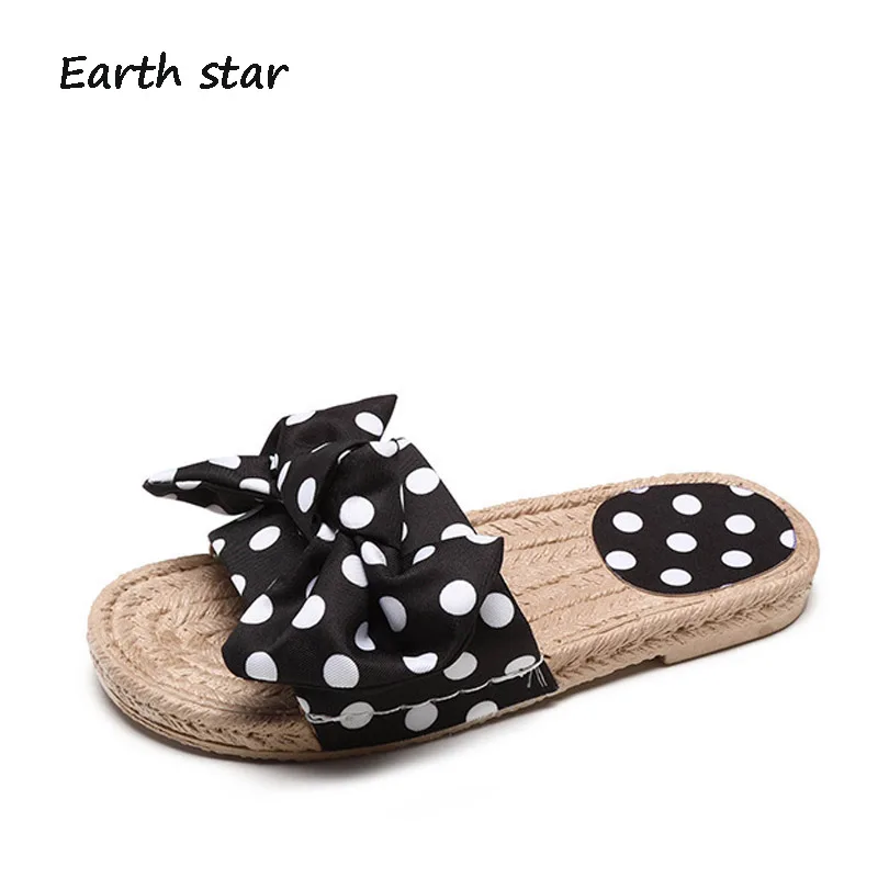 

EARTH STAR Summer Playa Slides White Shoes Women Mule Brand Beach Slippers Bow Flats Lady footware Polka Dot Girl chaussure Soft
