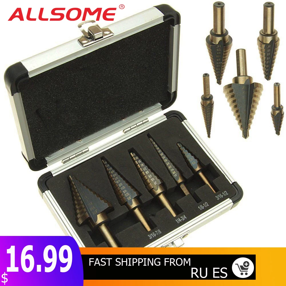 ALLSOME 5pcs/Set HSS COBALT MULTIPLE HOLE 50 Sizes STEP DRILL BIT SET