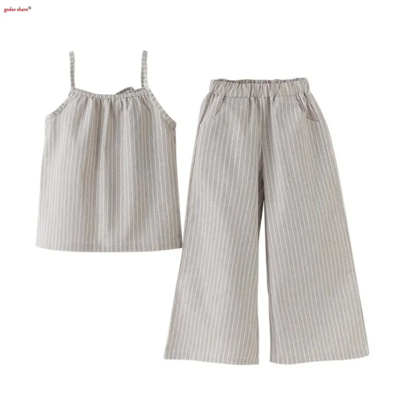 Kids Clothing Sets Girl Outfit Two Piece Sling Top& Wide Leg Pants Casual Striped Child Girls Clothes 5 6 7 8 9 10 11 12 Years