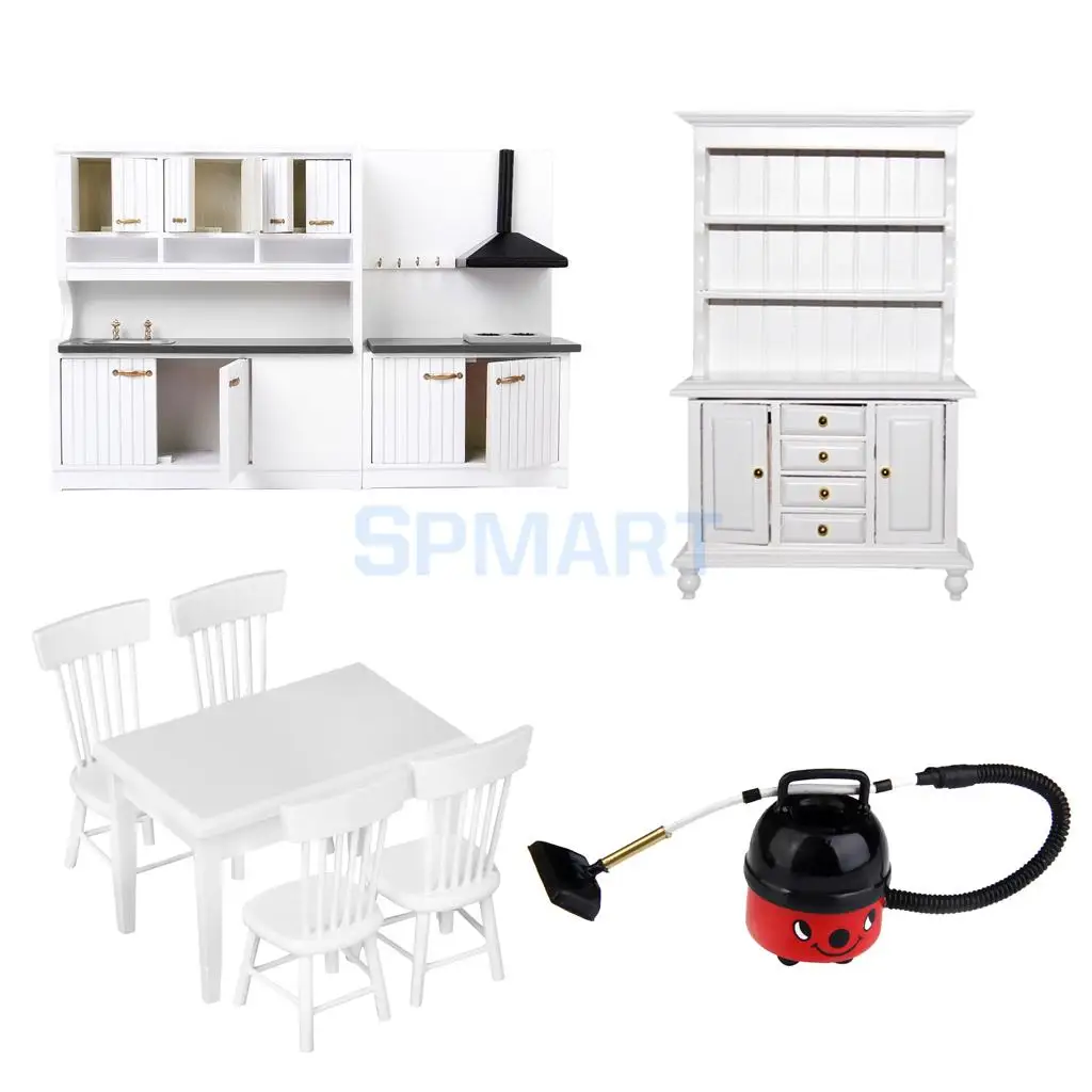 Vintage Wooden Miniature Furniture Kit Cabinet Table Chair Vacuum Cleaner for 1/12 Dolls House Kitchen Dining Rooms Decor