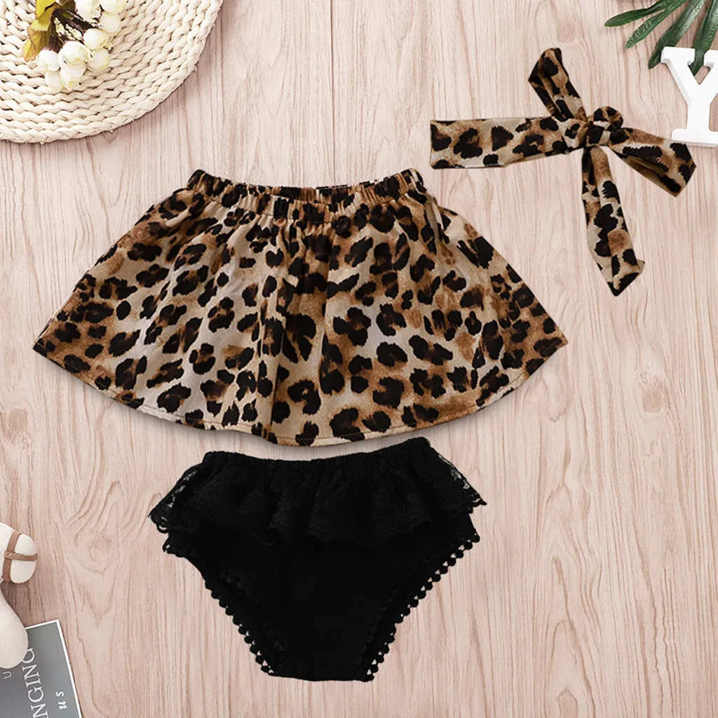 

Kids Baby Girls Summer Outfits Sets Newborn Clothes Off Shoulder Leopard Print Tops Lace Shorts HairBand Baby Girl Outfits