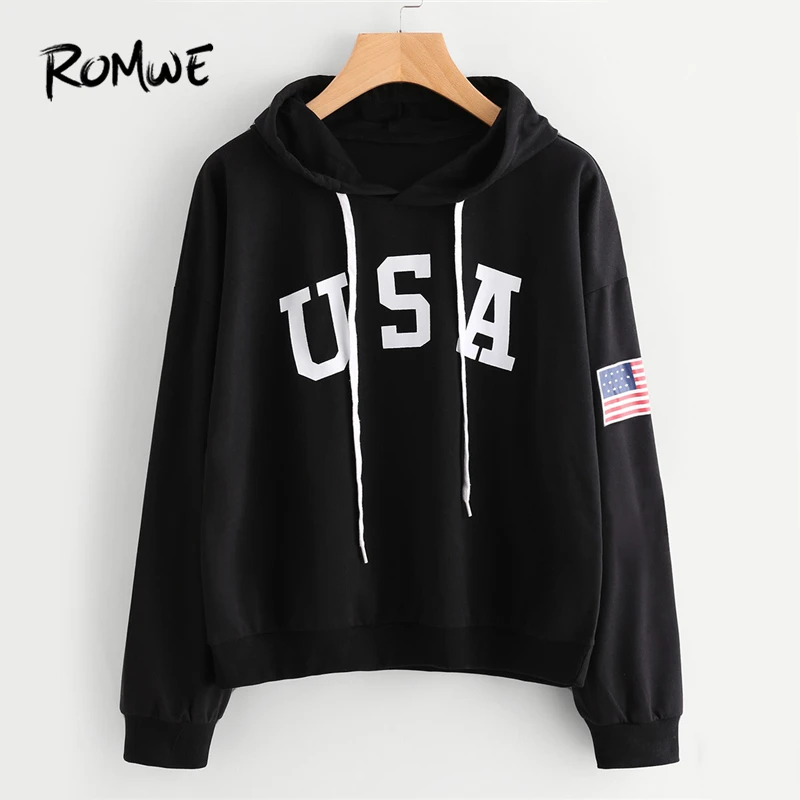 

ROMWE Black Letter Flag Printed Drawstring Hoodie Women Casual Spring Autumn New Style Hooded Long Sleeve Pullovers Sweatshirt