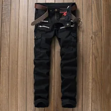 Tide brand young men Multi-pocket feet quality cotton trousers Korean style slim straight fashion casual jeans men Black 29-38