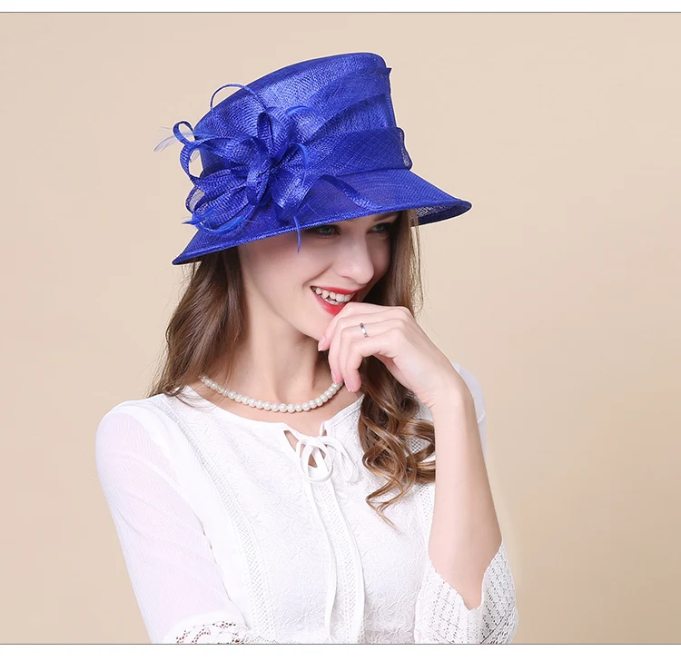 FS Королевский синий хаки леди Sinamay Hat Fascinators для свадьбы Для женщин мягкая фетровая шляпа с широкими полями Топ церкви цветок Кентукки шляпа котелок