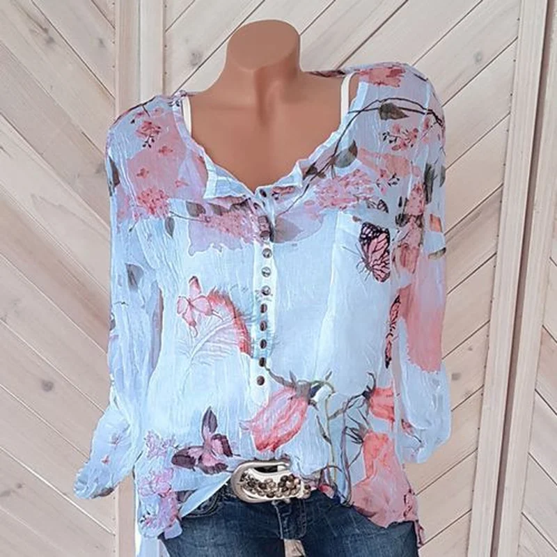 

Plus Size Button Women Shirts Spring Casual V-Neck Chiffon Blouse Women Tops Long Sleeve Ladies Floral Print Blouse Femme Shirt
