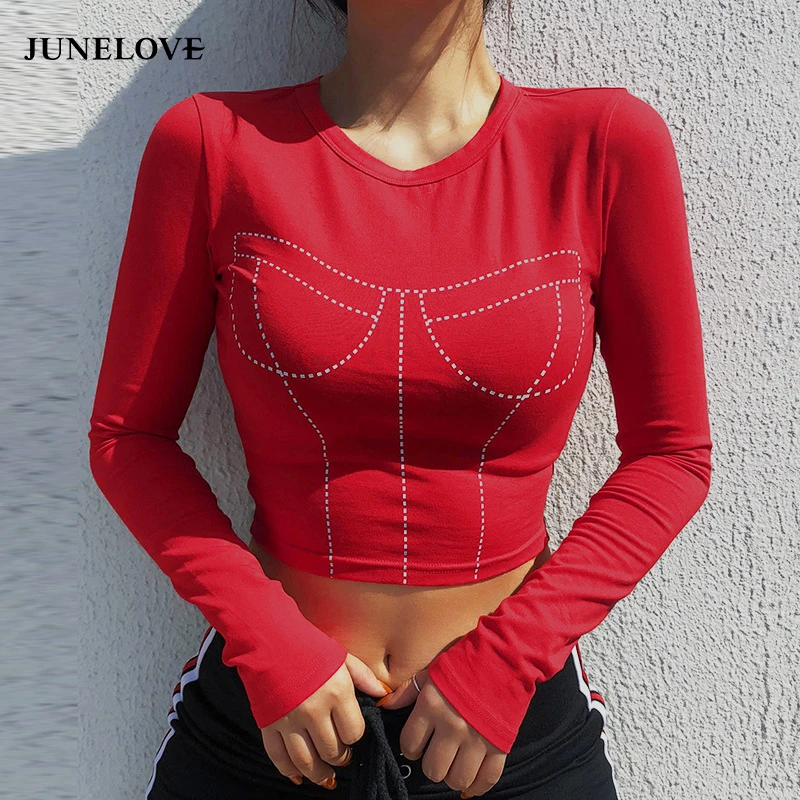 JuneLove Футболка женская новая с длинным рукавом Эстетическая графическая печать