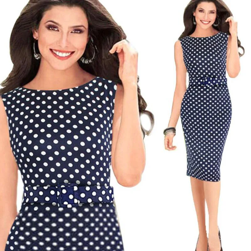 

Women Elegant Slim Dot Printing Pencil Dress New Casual Sleeveless Sheath Vestidos Women Vintage Elegant Club Party Dress