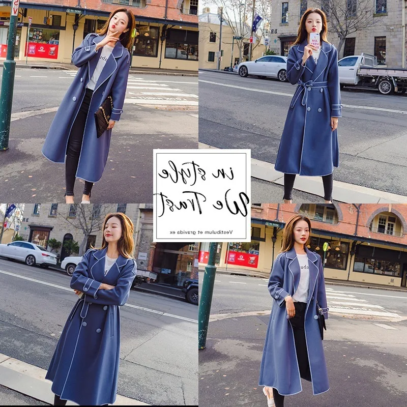 Manteau Coupe Tranchée Automne vent Bleu Normcore Lâche Robe Femme Pardessus Brouillard Type vwtTqTa