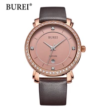 BUREI Femmes Montres Top Marque De Mode Diamant Saphir Lentille Femelle Horloge Pu Bande de Cuir Imperméable Or Montre En Acier Nouvelle Arrivée