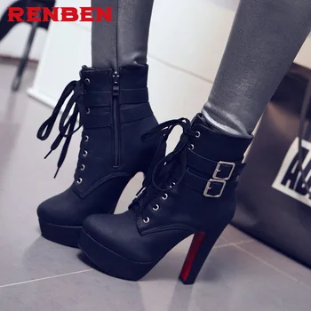 

Plus Size Ankle Boots For Women Platform High Heels Female Lace Up Shoes Woman Buckle Short Boot Casual Ladies Footwear