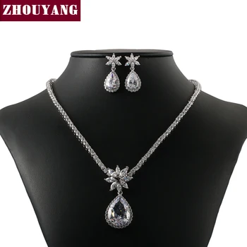 

Luxurious Wedding Silver Color Jewelry Necklace Earrings Set Rhinestone Made with Austrian Crystals ZYS302