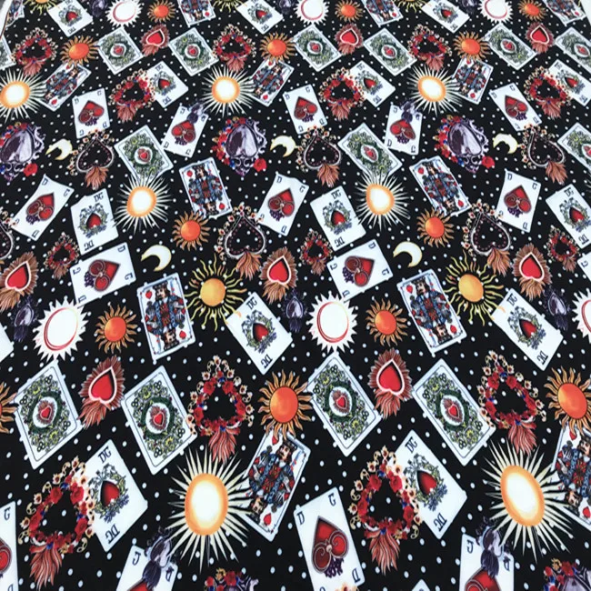

The Sacred Heart Collection with Love Passion Heart Playing Cards Stretch Black Polyester Fabric for Woman Summer Dress-AF488