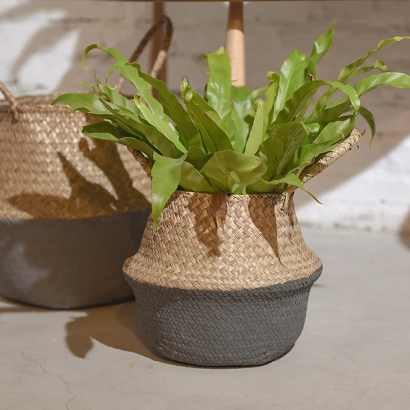 Garden Plant Flower Pot Handmade Rattan Storage Basket Foldable Seagrass Straw Hanging Woven Handle Toy Storage Container 1Pc